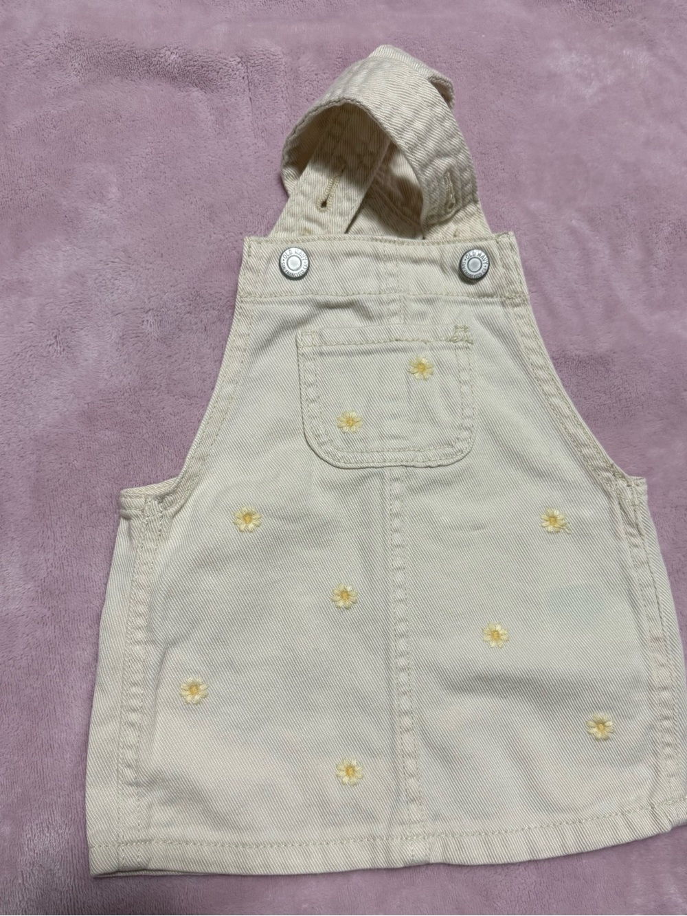 Old Navy Cream Overall Dress with Yellow Daisy Embroidery